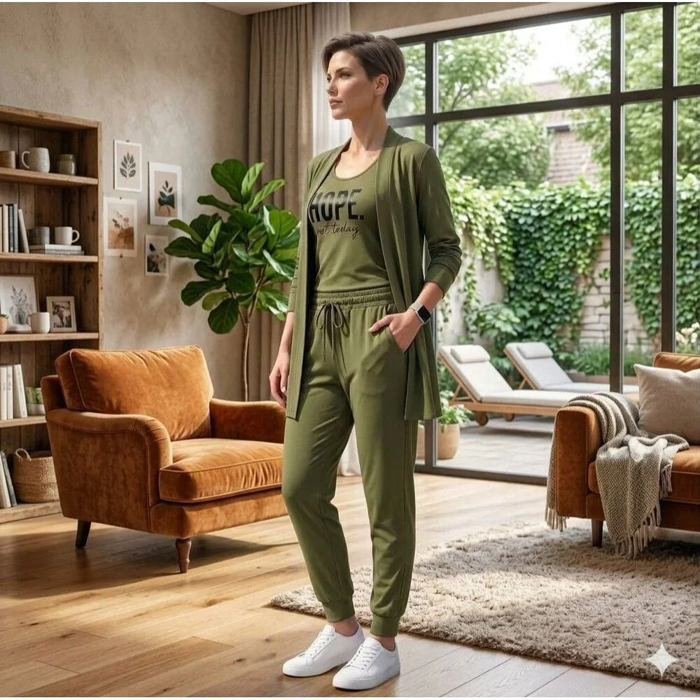 Women’s XL 3pc Loungewear Set Matching Olive Green Tank, Jogger, and Midi Duster